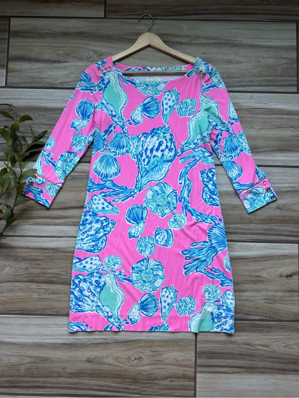 Lilly Pulitzer Sophie Dress M Pink Seashell Print Coastal Resort 1/4 Sleeve